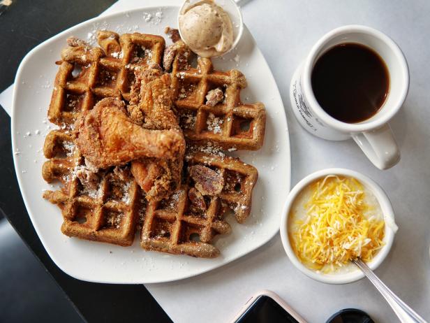 Dame's Chicken and Waffles signature dishes The menu is built around "A Dame's Creation," allowing customization with different waffle types (like classic or sweet potato), chicken preparations (fried or smothered), and signature flavored butters called "shmears."
